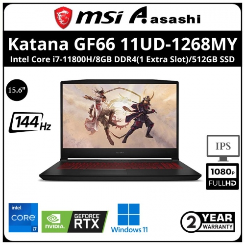 MSI Katana GF66 11UD-1268MY Gaming Notebook-(Intel Core i7-11800H/8GB DDR4(1 Extra Slot)/512GB SSD/Nvidia RTX3050Ti 4GD6/15.6