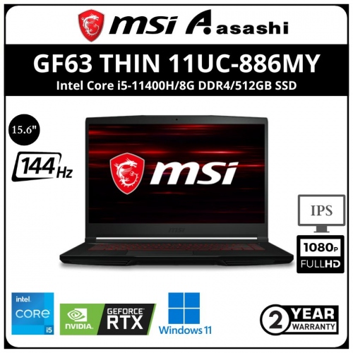 MSI GF63 THIN 11UC-886MY Gaming Notebook-(Intel Core i5-11400H/8G DDR4/512GB SSD/No-ODD/RTX3050 4GD5 Max-Q Graphic/15.6