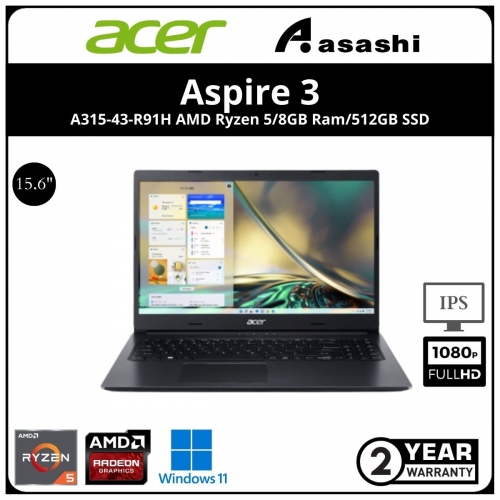 ACER A315-43-R91H Notebook (AMD Ryzen 5-5500U/8GB DDR4 OB (1 Extra Slot)/512GB SSD/No ODD/15.6