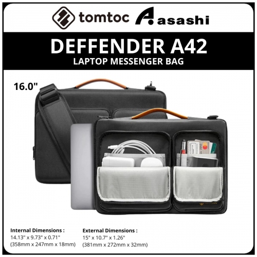 Tomtoc A42F2D1 (Black) DEFFENDER A42 16inch Laptop Messenger Bag (MACBOOK)