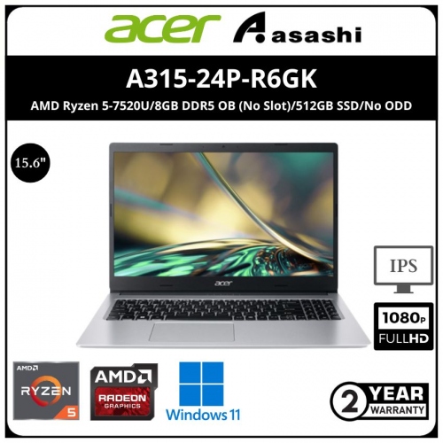 ACER A315-24P-R6GK Notebook (AMD Ryzen 5-7520U/8GB DDR5 OB (No Slot)/512GB SSD/No ODD/15.6