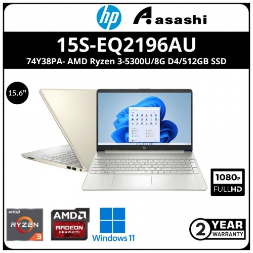 HP 15s-eq2196AU Notebook-74Y38PA- (AMD Ryzen 3-5300U/8G D4(1 Extra Slot)/512GB SSD/15.6
