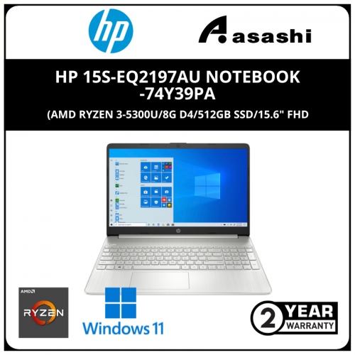 HP 15s-eq2197AU Notebook-74Y39PA- (AMD Ryzen 3-5300U/8G D4(1 Extra Slot)/512GB SSD/15.6