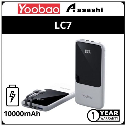 Yoobao LC7-WH 10000mah SCF22.5w Power Bank - PD20W with LCD Digital Display & Built-in Type-C & Lightning Cables (1 yrs Limited Hardware Warranty)