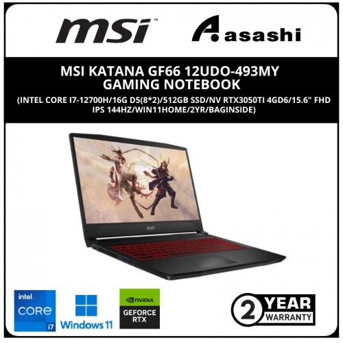 MSI Katana GF66 12UDO-493MY Gaming Notebook (Intel Core i7-12700H/16G D5(8*2)/512GB SSD/NV RTX3050Ti 4GD6/15.6