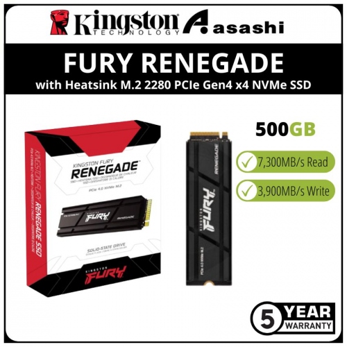 Kingston Fury Renegade with Heatsink 500GB M.2 2280 PCIE Gen4 x4 NVMe SSD (Up to 7300MB/s Read Speed & 3900MB/s Write Speed)