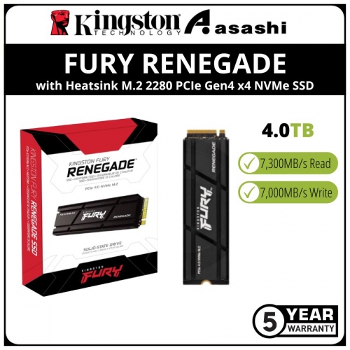 Kingston Fury Renegade with Heatsink 4TB M.2 2280 PCIE Gen4 x4 NVMe SSD (Up to 7300MB/s Read Speed & 6000MB/s Write Speed)