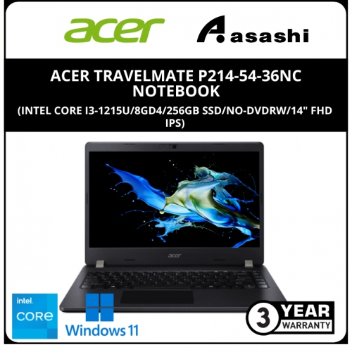 Acer TravelMate P214-54-36NC Notebook-(Intel Core i3-1215U/8GD4/256GB SSD/No-DVDRW/14