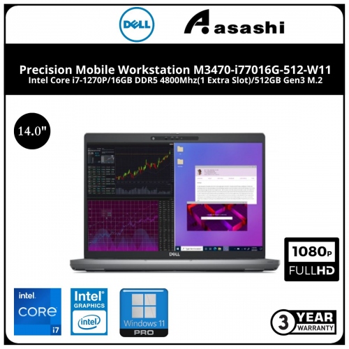 Dell Precision Mobile Workstation M3470-i77016G-512-W11 (Intel Core i7-1270P/16GB DDR5 4800Mhz(1 Extra Slot)/512GB Gen3 M.2/14