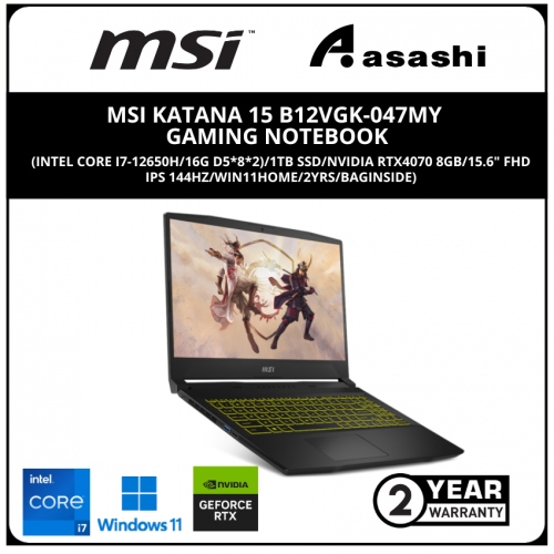MSI Katana 15 B12VGK-047MY Gaming Notebook (Intel Core i7-12650H/16G D5*8*2)/1TB SSD/NVidia RTX4070 8GB/15.6
