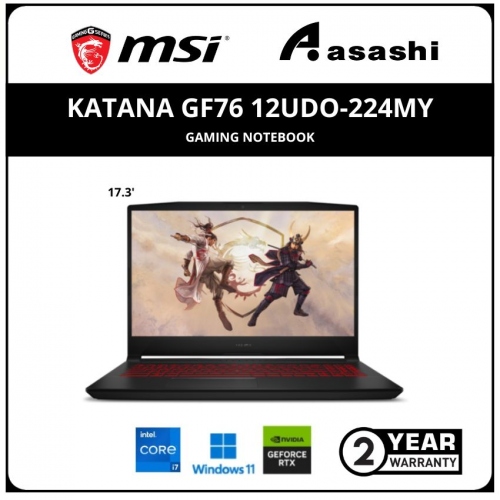 MSI Katana GF76 12UDO-224MY Gaming Notebook (Intel Core i7-12700H/16GB DDR5 (8*2)/512GB M.2 Nvme Pcie /No-DVD/Nvidia RTX3050Ti 4GD6/17.3' FHD 144Hz/Win11Home/2yrs/Backpack)