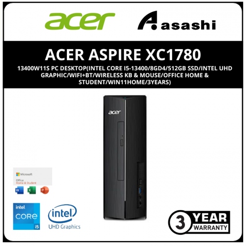 Acer Aspire XC1780-13400W11S PC Desktop(Intel Core i5-13400/8GD4/512GB SSD/Intel UHD Graphic/Wifi+BT/Wireless KB & Mouse/Office Home & Student/Win11Home/3years)
