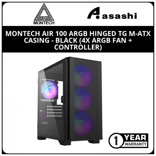 Montech Air 100 ARGB Hinged TG m-ATX Casing - Black (4x aRGB Fan + Controller)
