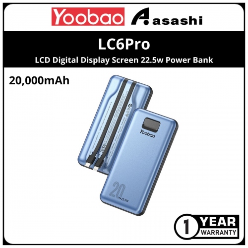 Yoobao LC6Pro-Blue 20000mah LCD Digital Display Screen 22.5w Power Bank - with Built-in Type-C & Lightning Cables (1 yrs Limited Hardware Warranty)