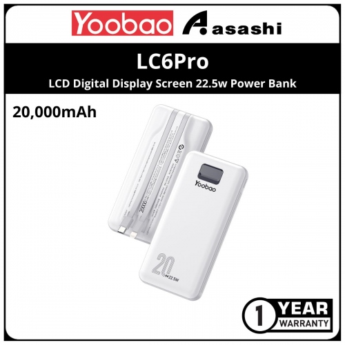 Yoobao LC6Pro-WH 20000mah LCD Digital Display Screen 22.5w Power Bank - with Built-in Type-C & Lightning Cables (1 yrs Limited Hardware Warranty)