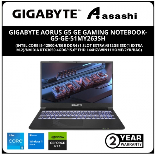Gigabyte G5 GE Gaming Notebook-G5-GE-51MY263SH-(Intel Core i5-12500H/8GB DDR4 (1 Slot Extra)/512GB SSD(1 Extra M.2)/Nvidia RTX3050 4GD6/15.6