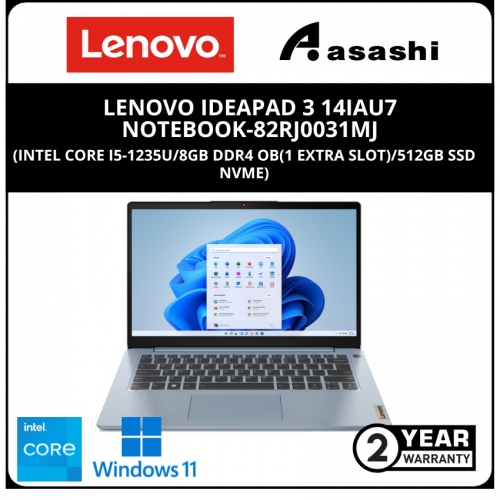 Lenovo IdeaPad 3 14IAU7 Notebook-82RJ0031MJ-(Intel Core i5-1235U/8GB DDR4 OB(1 Extra Slot)/512GB SSD NVME/Intel Iris Graphic/14