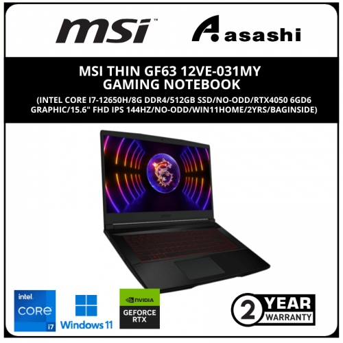 MSI Thin GF63 12VE-031MY Gaming Notebook-(Intel Core i7-12650H/16G DDR4*8*2)/512GB SSD/RTX4050 6GD6 Graphic/15.6