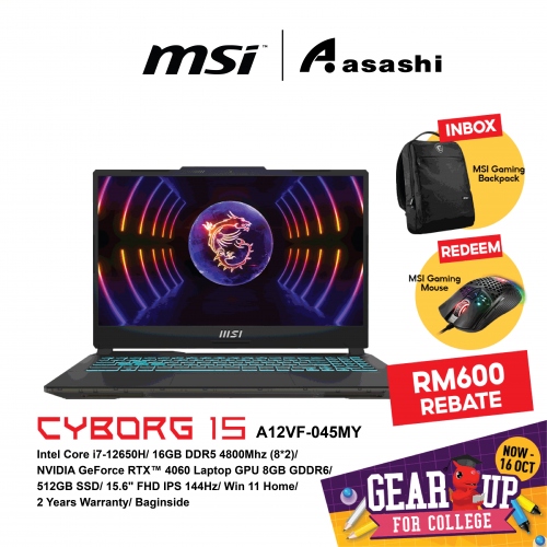MSI Cyborg 15 A12VF-045MY Gaming Notebook (Intel Core i7-12650H/16G D5 (8*2)/512GB SSD/NV RTX4060 8GD6/15.6