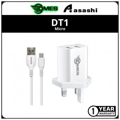 DMES DT1 2.4A Dual USB Charger UK Plug Wall Charger - Mirco USB - 1Y