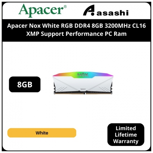 Apacer Nox White RGB DDR4 8GB 3200MHz CL16 XMP Support Performance PC Ram - AH4U08G32C28YNBAA-1