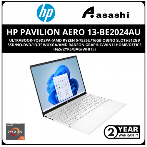 HP Pavilion Aero 13-be2024AU UltraBook-7Q9D2PA-(AMD Ryzen 5-7535u/16GB DDR5L OB(No Slot)/512GB SSD/NO-DVD/13.3