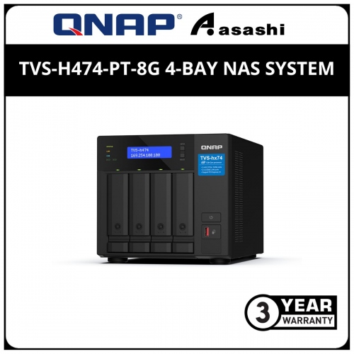 Qnap TVS-h474-PT-8G 4-Bay NAS System (Intel® Pentium® Gold G7400 2-core/4-thread 3.7 GHz Processor, 8GB(Extra 1 slot), 2 x USB 3.2 Gen2(1 x Type-C, 1 x Type-A) , 2 x 2.5GbE)