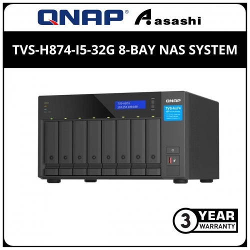 Qnap TVS-h874-i5-32G 8-Bay NAS System (	Intel® Core™ i5-12400 6-core/12-thread Processor, burst up to 4.4 GHz, 32GB(Extra 1 slot), 3 x USB 3.2 Gen2(1 x Type-C, 2 x Type-A) , 2 x 2.5GbE)