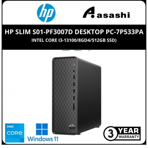 HP Slim S01-pF3007d Desktop PC-7P533PA-(Intel Core i3-13100/8GD4/512GB SSD/Intel UHD Graphic/No-DVDRW/WiFi+BT/USB KB & Mouse/Office H&S/Win11Home/3Yrs)