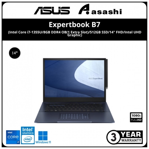 Asus ExpertBook B7 Commercial Notebook-B7402FB-AL90623X-(Intel Core i7-1270P/16GB DDR5 OB(1 Extra Slot)/1TB SSD/14