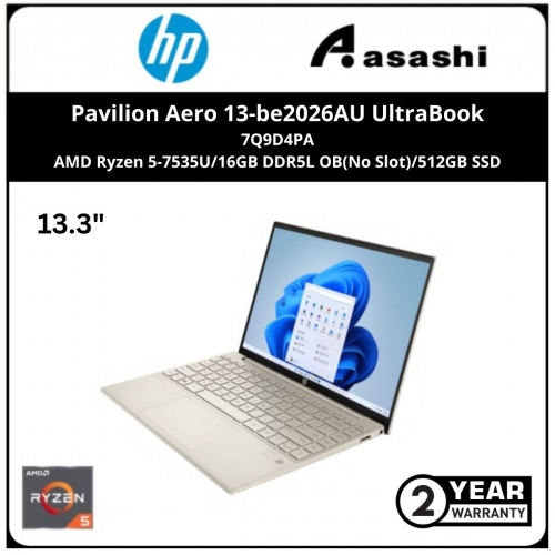 HP Pavilion Aero 13-be2026AU UltraBook-7Q9D4PA-(AMD Ryzen 5-7535U/16GB DDR5L OB(No Slot)/512GB SSD/NO-DVD/13.3