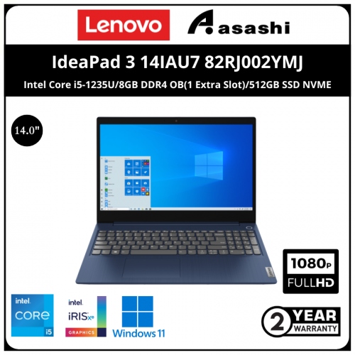 Lenovo IdeaPad 3 14IAU7 Notebook-82RJ002YMJ-(Intel Core i5-1235U/8GB DDR4 OB(1 Extra Slot)/512GB SSD NVME/Intel Iris Graphic/14