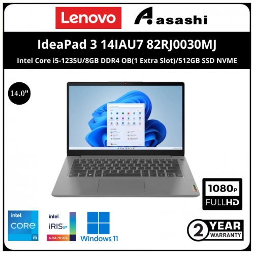 Lenovo IdeaPad 3 14IAU7 Notebook-82RJ0030MJ-(Intel Core i5-1235U/8GB DDR4 OB(1 Extra Slot)/512GB SSD NVME/Intel Iris Graphic/14