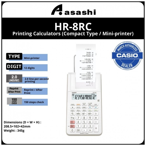 Casio HR-8RC Mini Printer with 12 Digits (WHITE) (12months Warrany) MUST KEEP BOX FOR WARRANTY