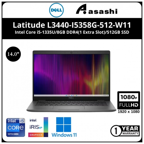 Dell Latitude L3440-I5358G-512-W11 Commercial Notebook (Intel Core i5-1335U/8GB DDR4(1 Extra Slot)/512GB SSD/14