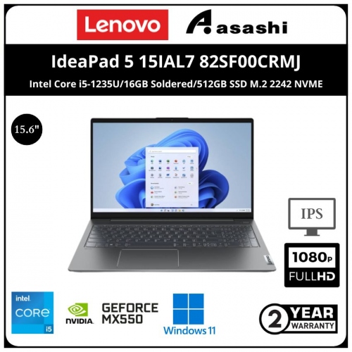 Lenovo IdeaPad 5 15IAL7 Notebook - 82SF00CRMJ( Intel Core i5-1235U/16GB Soldered/512GB SSD M.2 2242 NVME/Nvidia MX550-2GB DDR6/15.6