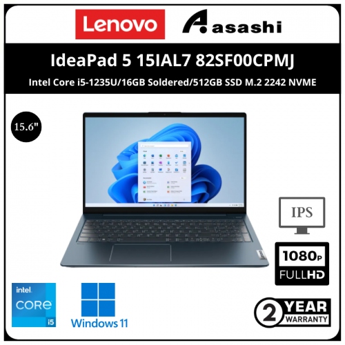 Lenovo IdeaPad 5 15IAL7 Notebook - 82SF00CPMJ( Intel Core i5-1235U/16GB Soldered/512GB SSD M.2 2242 NVME/Nvidia MX550-2GB DDR6/15.6