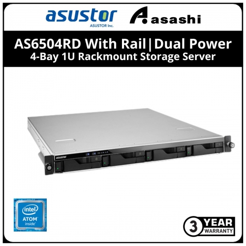 ASUSTOR AS6504RD With Rail | Dual Power 4-Bay 1U Rackmount Storage Server (Intel ATOM C3538 2.1Ghz QC, 8GB DDR4, 2 x GbE, 2 x 2.5GbE)