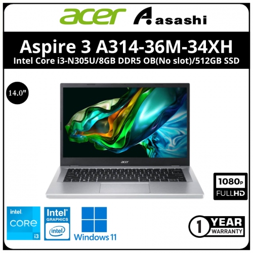 Acer Aspire 3 A314-36M-34XH Notebook-(Intel Core i3-N305U/8GB DDR5 OB(No slot)/512GB SSD/No ODD/14