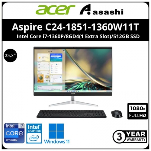 Acer Aspire C24-1851-1360W11T AiO Desktop PC (Intel Core i7-1360P/8GD4(1 Extra Slot)/512GB SSD/23.8