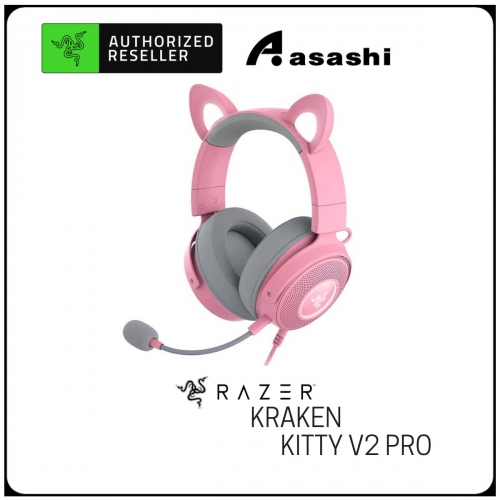 Razer Kraken Kitty V2 Pro - Quartz (Interchangeable Kitty/Bear/Bunny Ears, Detachable Mic, Chroma RGB, Cosplay Mode)