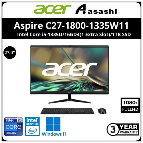 Acer Aspire C27-1800-1335W11 AiO Desktop PC (Intel Core i5-1335U/16GD4(1 Extra Slot)/1TB SSD/27