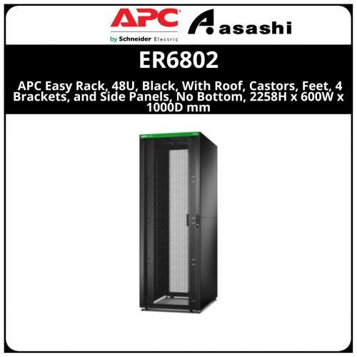 APC Easy Rack, 48U, Black, With Roof, Castors, Feet, 4 Brackets, and Side Panels, No Bottom, 2258H x 600W x 1000D mm (ER6802)
