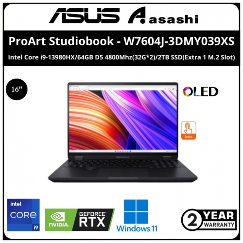 Asus ProArt Studiobook-W7604J-3DMY039XS-(Intel Core i9-13980HX/64GB D5 4800Mhz(32G*2)/2TB SSD(Extra 1 M.2 Slot)/16