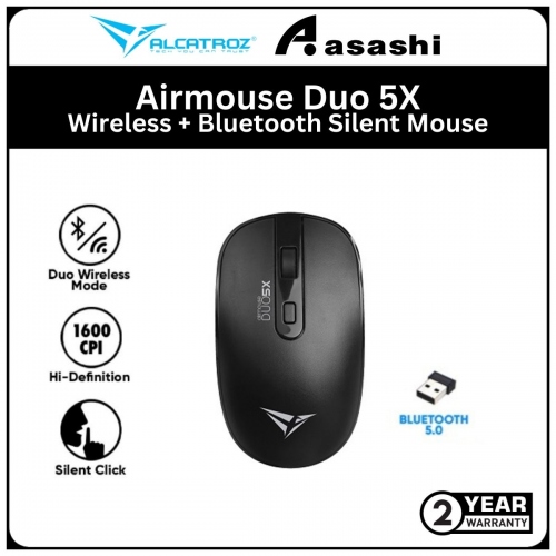 Alcatroz Airmouse Duo 5X Black Wireless + Bluetooth Silent Mouse