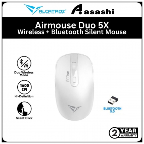 Alcatroz Airmouse Duo 5X White Wireless + Bluetooth Silent Mouse