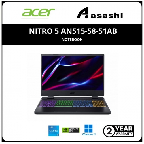 Acer Nitro 5 AN515-58-51AB Notebook (Intel Core i5-12450H/8GD4 3200mhz(2Slots)/512GB NVMe SSD(1 extra M.2)/NV RTX3050 4GD6/15.6