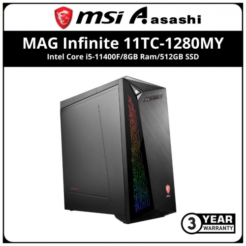 MSI MAG Infinite 11TC-1280MY Gaming Desktop-(Intel Core i5-11400F/8GB Ram/512GB SSD/Nvidia RTX3060 12GB Graphic/MSI K&M/Win10Home/3 Years Warranty)
