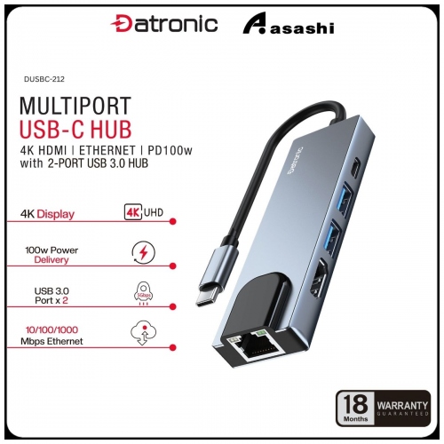 Datronic DUSBC-212 5in1 USB-C to HDMI / USB3.0 x 2 / 100wPD / 1000mbps RJ45 - 18Months Warranty