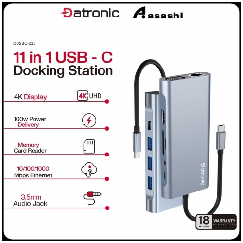 Datronic DUSBC-215 11in1 USB-C to HDMI / VGA / USB3.0 x 3 / SD / TF / 100wPD / 1000mbps RJ45 / 3.5mmAudio / USB-C - 18Months Warranty